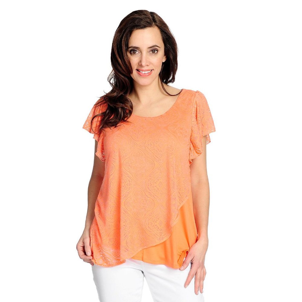 NWOT - One World Burnout Knit Flutter Sleeve Partially Lined Uneven Hem Coral